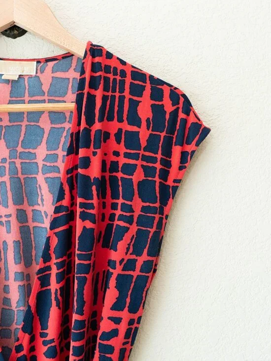 Michael Kors Wrap Dress M Red Blue Abstract Print Knee Length Tie Waist Stretch - Picture 4 of 11